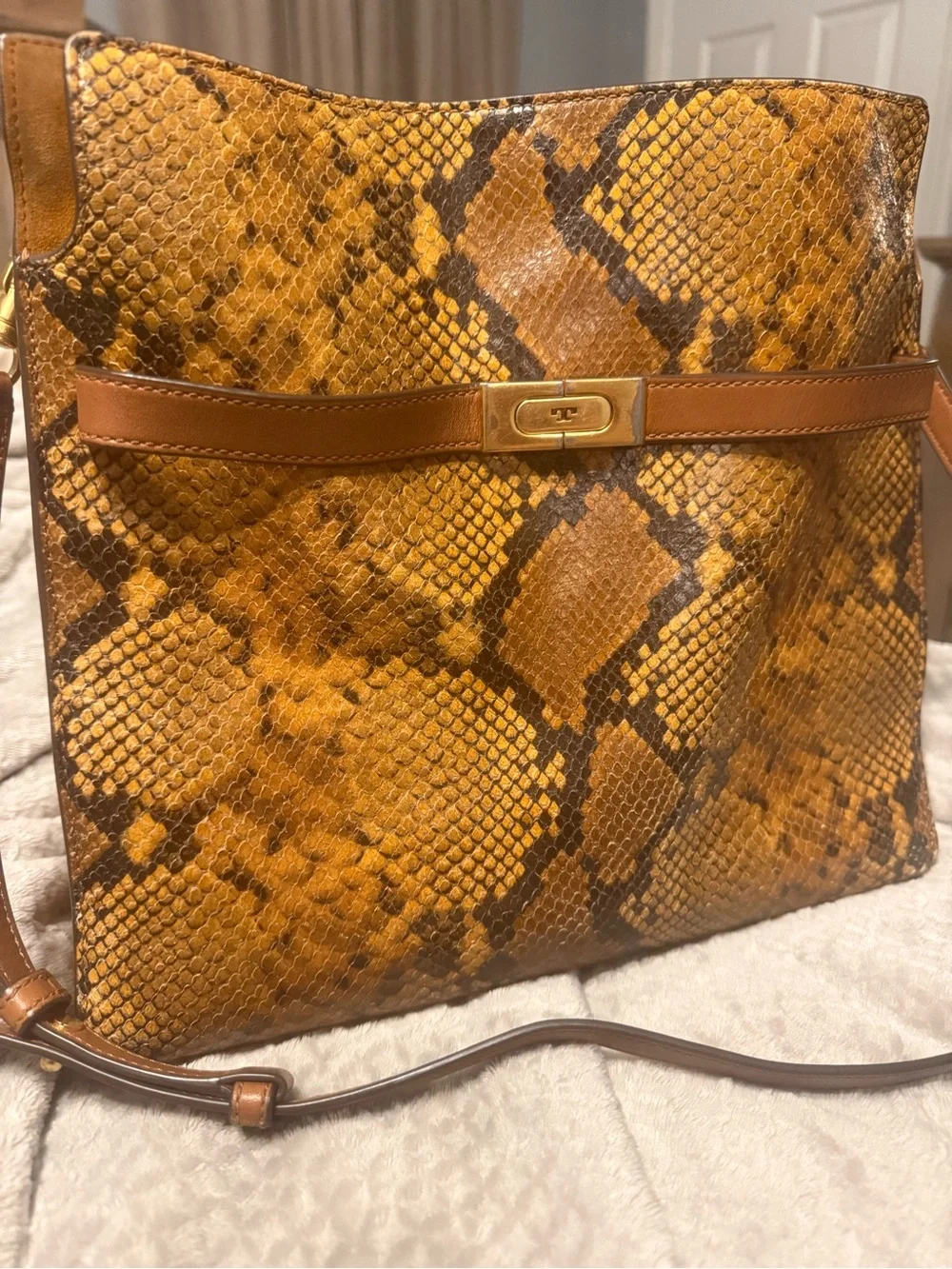 Tory Burch Lee Radziwill Double Bag Snake-Print embossed leather